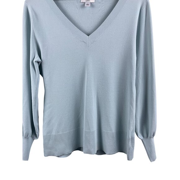 Lewit Women's Size Large Stretch Knit Balloon Bishop Sleeve V Neck Sweater Blue - Picture 2 of 10
